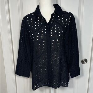 Zara Embroidered Eyelet Shirt Size Large Black Button Up 3/4 Sleeve